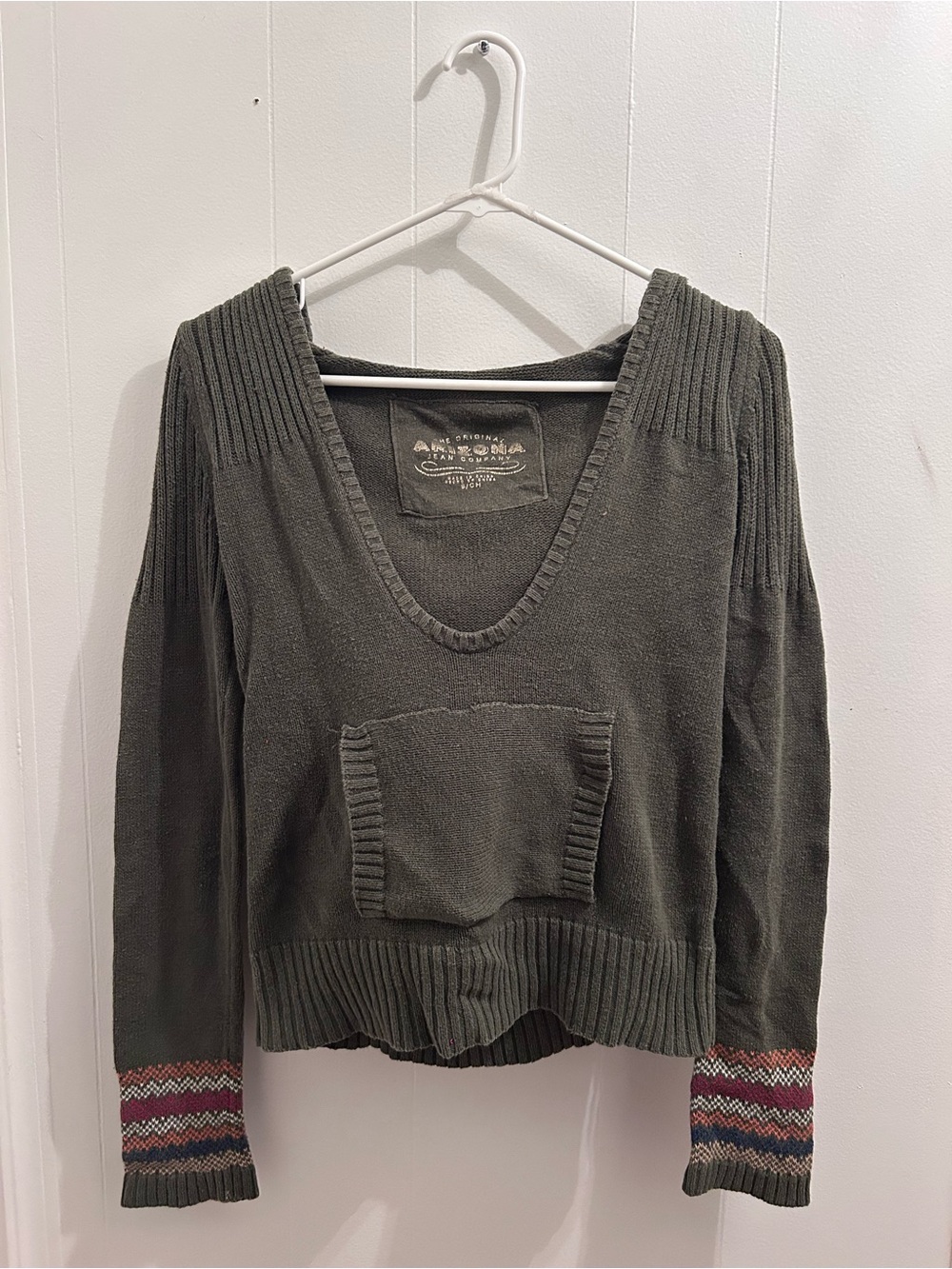 Arizona Jean Company Olive V-Neck Sweater with Patterned Cuffs